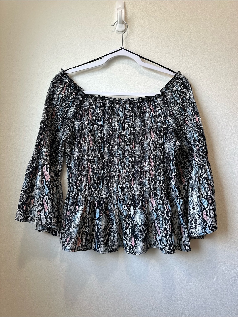 Candie’s XL Snakeskin Print Smocked Off Shoulder Bell Sleeve Blouse